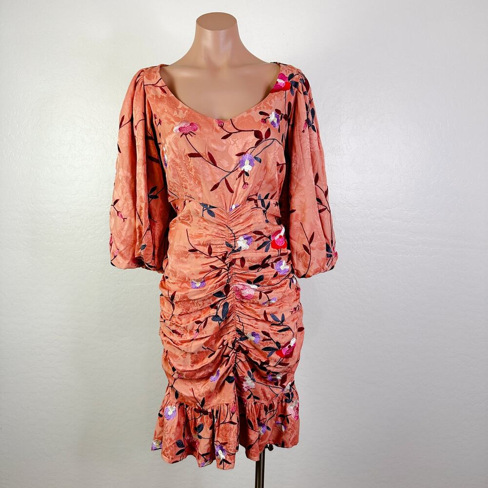 By Timo 3/4 Sleeve Ruched Jacquard Embroidered Floral Dress Blush Pink L NWT
